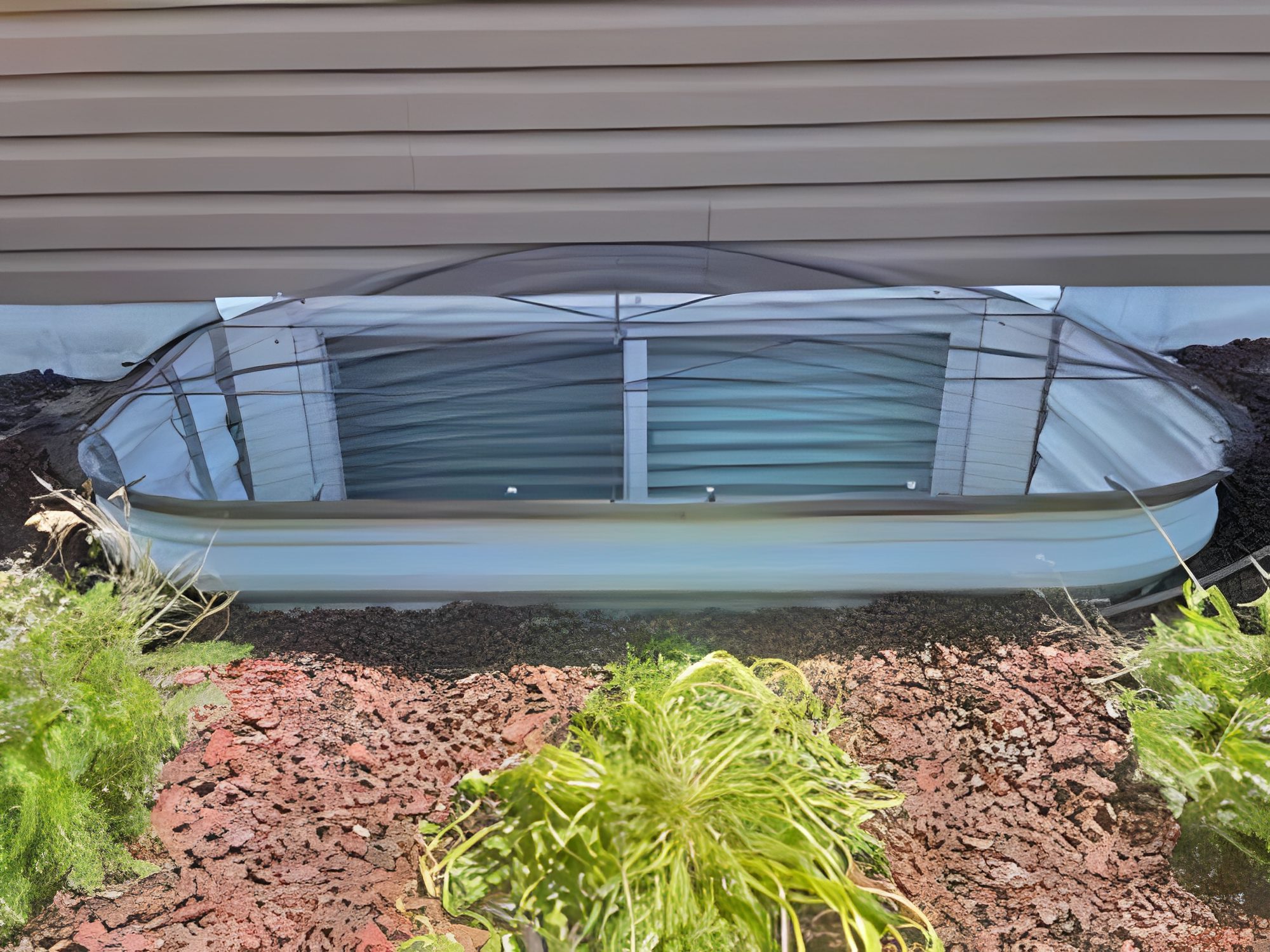 Window well surrounded by soil and plants