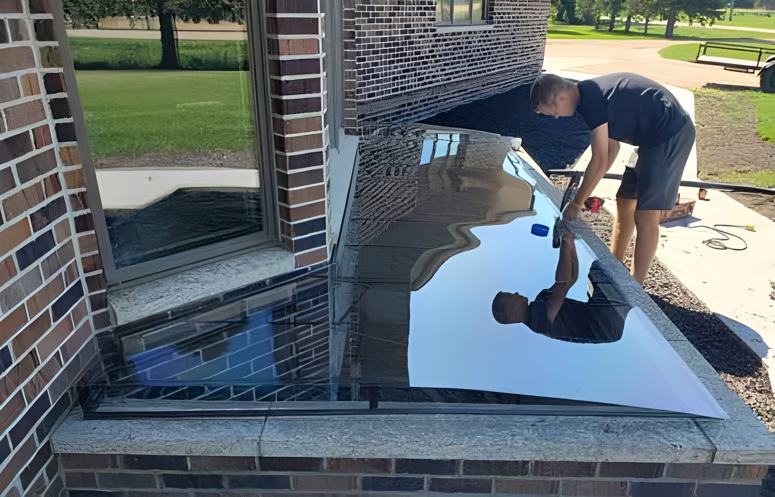 Worker adjusting glass window well cover